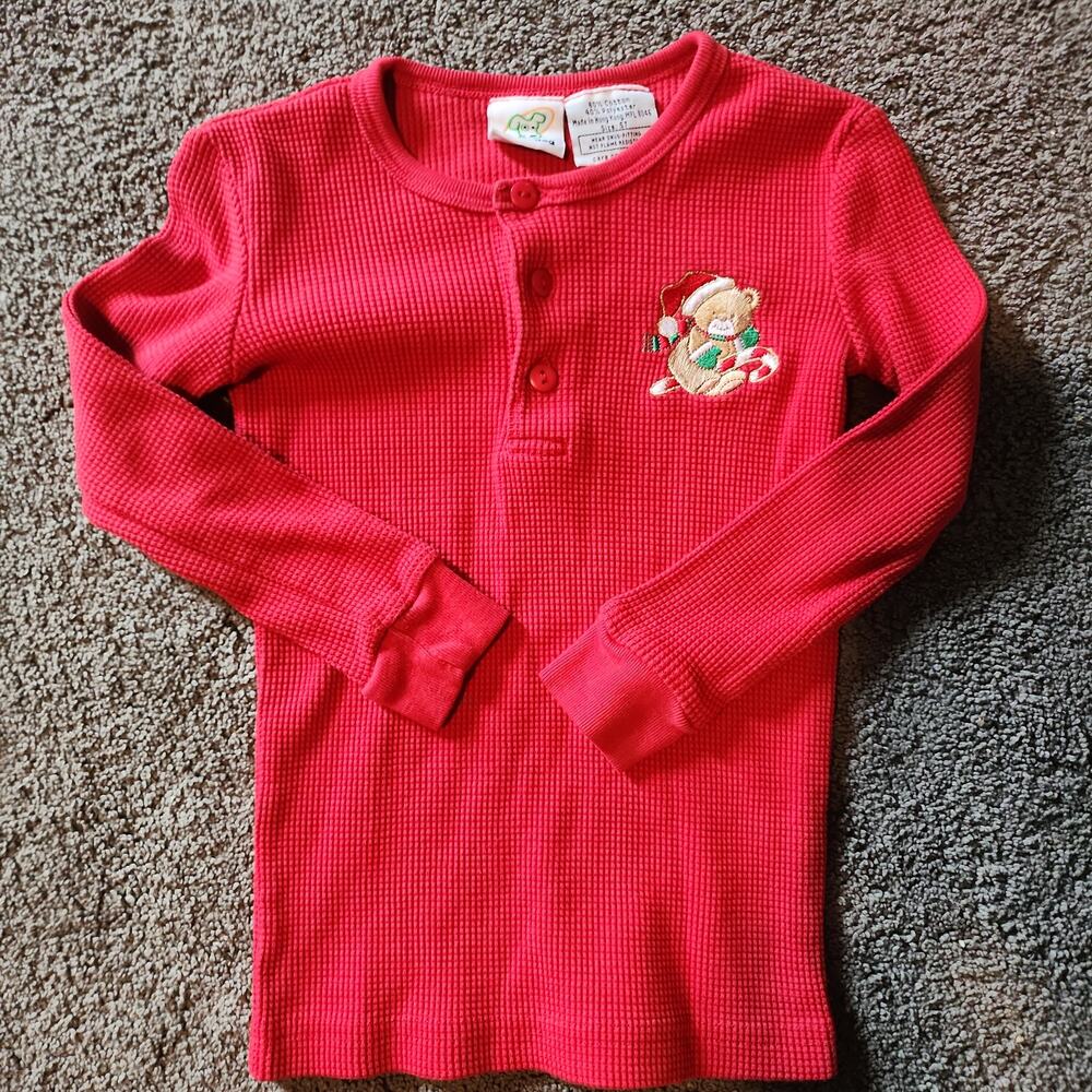 Green Dog Thermal‎ T-Shirt Santa Teddy Bear Waffle Knit Henley Red Girls Size 5T